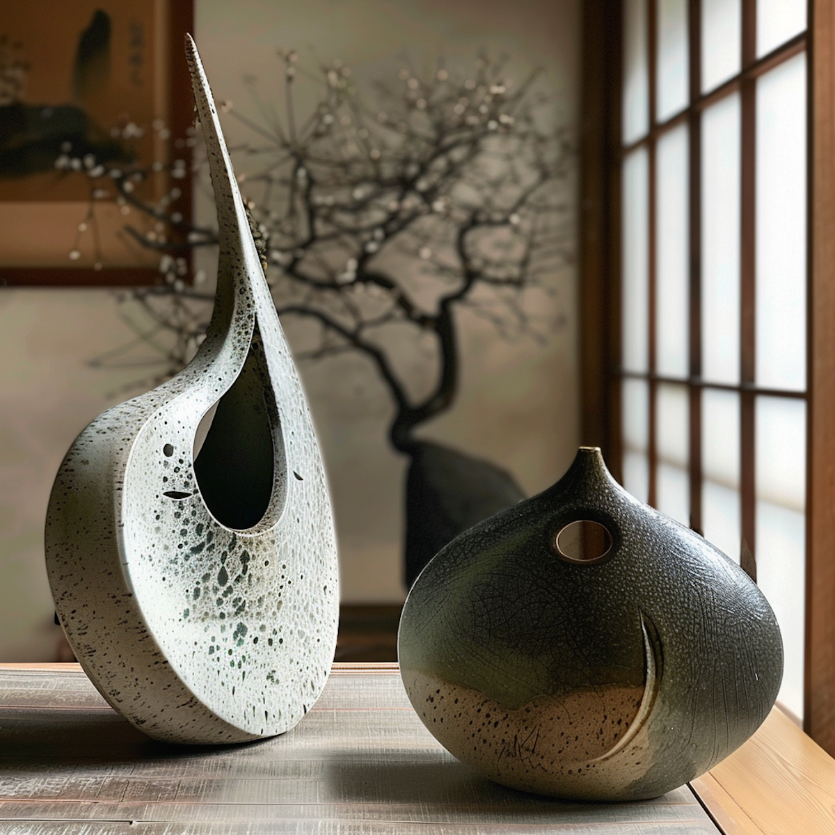 decorative vases with artistic backdrop